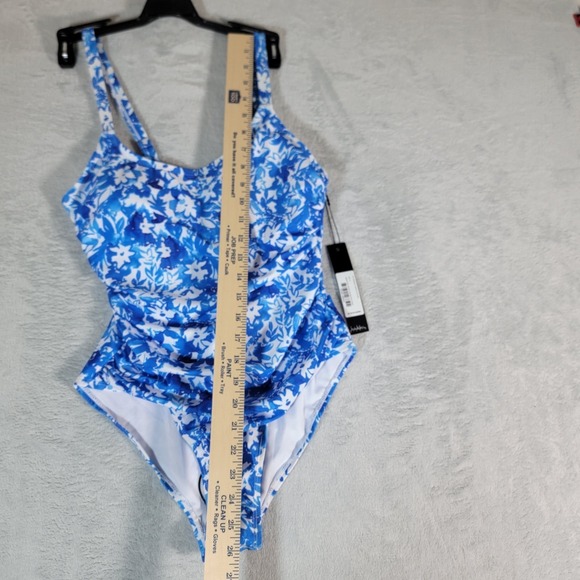 NICOLE MILLER Swimsuit Flattering‎ Ruched Tropical blue floral botanical Small - Picture 10 of 14